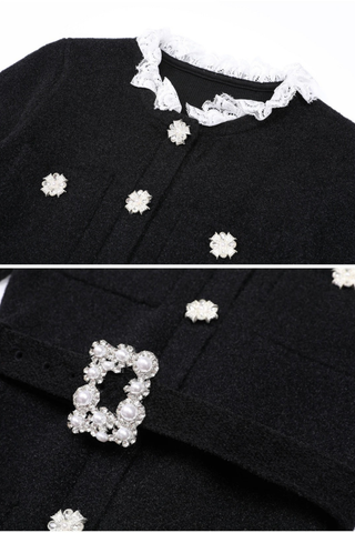 Round Neck Slim-Fit Wool-Blend Mini Dress with Crystal Embellished Buttons