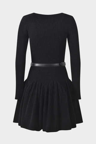 Knitted Long Sleeve Flared Dress with Belt – Soft Winter Knit Mini Dress