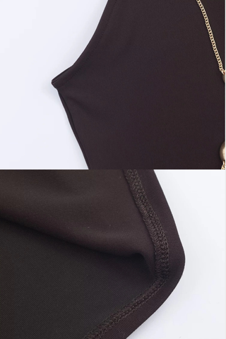 Elegant High Neck Cut-Out Long Dress with Draped Waist & Chain Accents