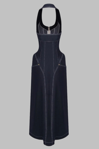 Halter Neck Denim Long Dress with Front Zip and Contour Stitching