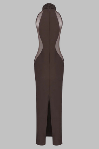 Chocolate Brown Halter Neck Long Dress – Sculpted Bodycon Gown with Braided Trim