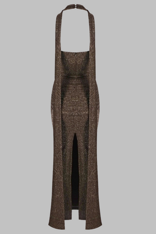Coffee Metallic Halter Long Dress Backless Slim Fit with Waist Tie Detail