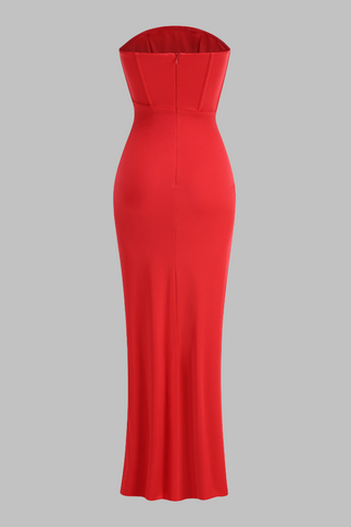 Luxury Strapless Satin Evening Long Dress with Boned Corset and High Slit Twist Draping