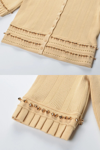 Gold Beaded Short Sleeve Cardigan & Pleated Long Skirt Set
