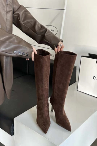 Pointed-Toe Suede Knee-High Stiletto Boots | Slim Fit, High Heel Winter Fashion Boots