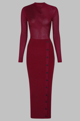 Long Sleeve Ribbed Knit Midi Dress with Asymmetrical Cutout and Button Slit