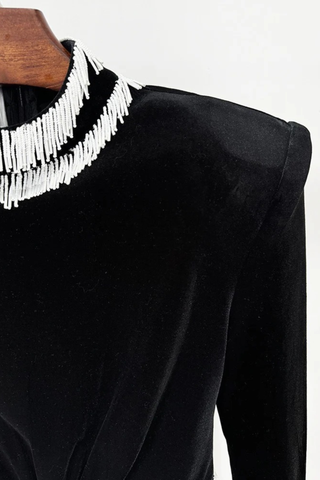 Velvet Long Sleeve Mini Dress with Beaded Fringe and Cutout Waist