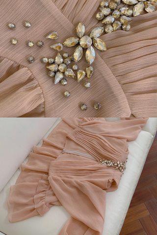 Pleated Chiffon Mini Dress with Long Sleeves and Crystal Embellished Waist