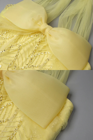 Sleeveless Halter Beaded Yellow Tulle Long Dress – Hand-Embellished Sequins & Pearls, Floor-Length Design