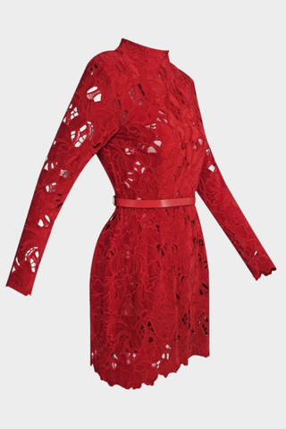 Red Lace Mini Dress – Long Sleeve Floral Embroidery, Scalloped Hem, Belted Waist
