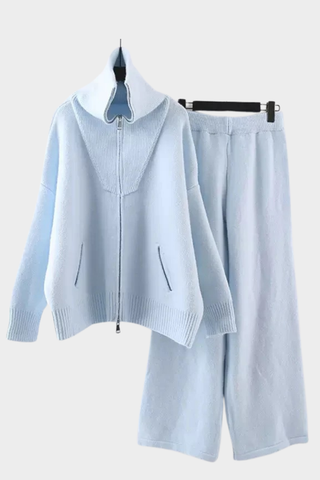 Cozy High-Neck Zip Knit Set – Soft Two-Piece Loungewear with Relaxed Wide-Leg Pants