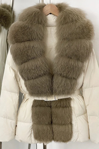 Belted Puffer Jacket with Faux Fox Fur Collar and Front Panel