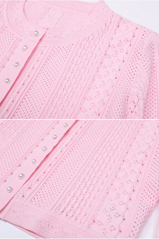 Two-Piece Textured Knit Set – Pearl-Button Cardigan & Flared Maxi Skirt