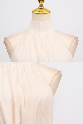 Halter Neck Sleeveless Long Dress with Layered Ruffle Waist and Flowing Skirt