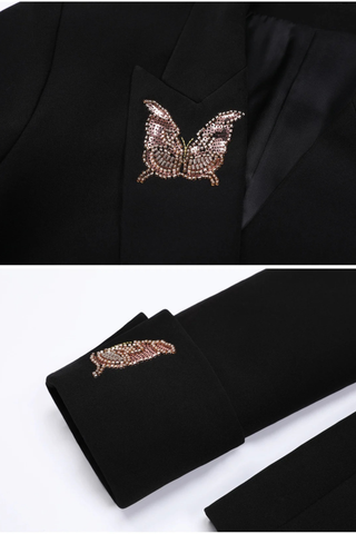 Structured Long Sleeve Tailored Blazer with Hand-Embellished Butterfly Detail