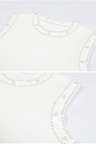 Sleeveless Knit Long Dress with Pearl Trim and Pleated Skirt