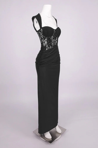 Lace Corset Draped Bodycon Long Dress with Cap Sleeves