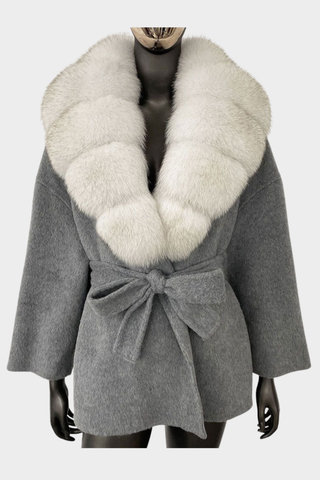 Faux Fur Collar Long-Sleeve Wool Coat – Tie Belt & Oversized Collar