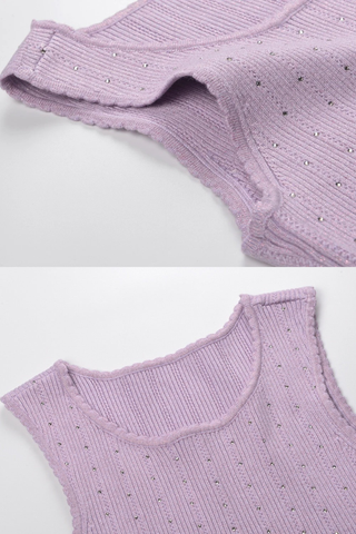 Ribbed Knit Top & Skater Skirt Set – Rhinestone Embellishments, Scalloped Trim & Flared Mini Skirt