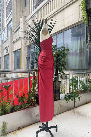 Strapless Ruched Long Dress with Lace-Up Back & High Slit