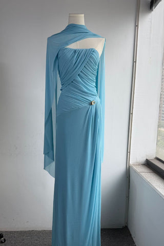 Soft Mesh Draped Strapless Long Dress with Sheer Scarf