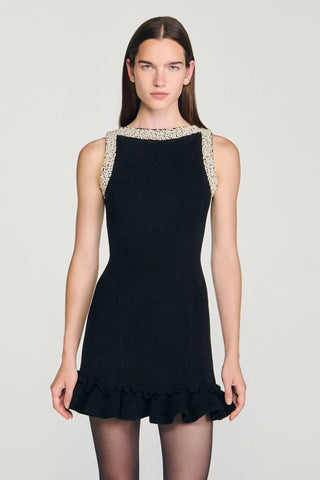 Pearl Embellished Sleeveless Knitted Mini Dress with Ruffle Hem