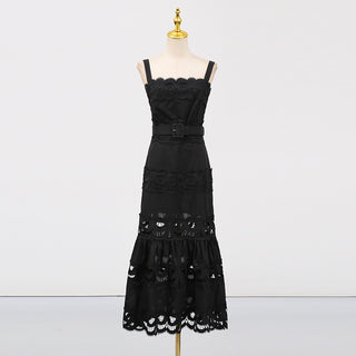 Statement Lace Cutwork Belted Tiered Long Dress