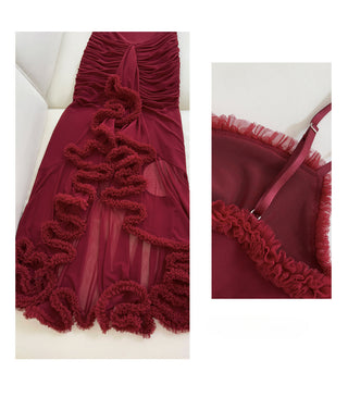 Elegant Sleeveless Long Mesh Dress with Ruffled Details
