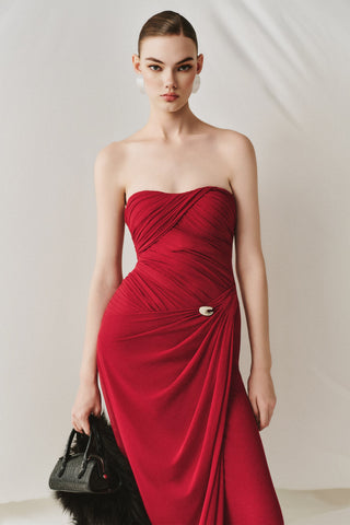 Soft Mesh Draped Strapless Long Dress with Sheer Scarf