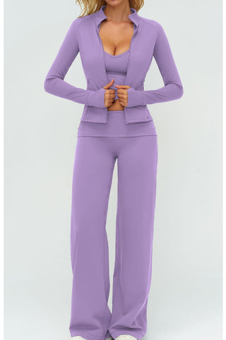 3-Piece Women’s Yoga Set – Cropped Tank, Zip Jacket & Wide-Leg Pants Activewear Set