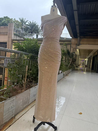 One-Shoulder Shimmer Mesh Long Evening Dress