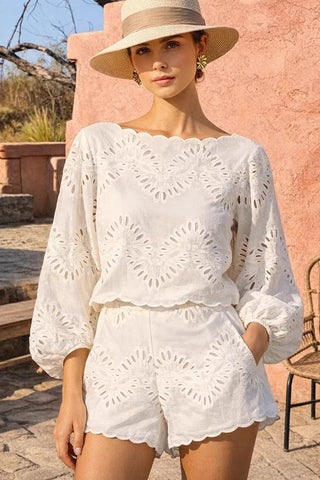 Embroidered Top & Shorts Set – Relaxed Fit, Scalloped Hem & Elastic-Waist Shorts