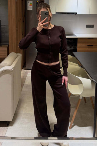 Ribbed Knit Two-Piece Lounge Set – Button Cardigan & Wide-Leg Pants