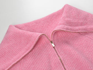 Oversized Collar Ribbed Knit Zip-Up Sweater