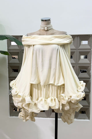 Off-Shoulder Flowing Chiffon Mini Set with Soft Ruffle Details