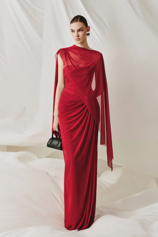 Soft Mesh Draped Strapless Long Dress with Sheer Scarf