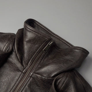 Classic Aviator Leather Jacket with High Neck, Utility Pockets, and Structured Fit