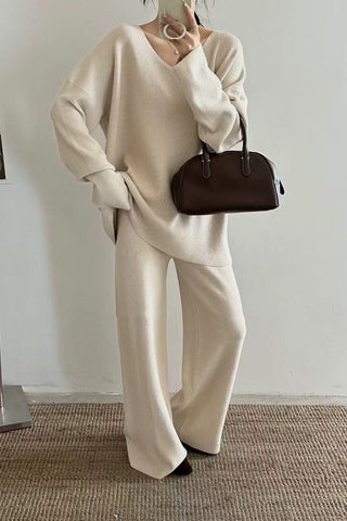 Comfy Relaxed V-Neck Knit Top & Wide-Leg Pants Set
