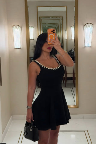 Sleeveless Mini Dress with Crystal Neckline and Flared Skirt