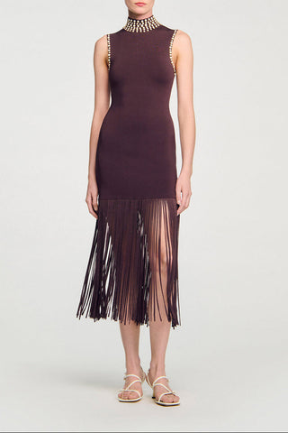 Fringe Knit Midi Dress with Embellished High Neck Detail