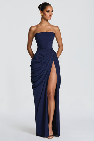 Strapless Ruched Long Dress with High Slit – Draped Waist & Smooth Fit