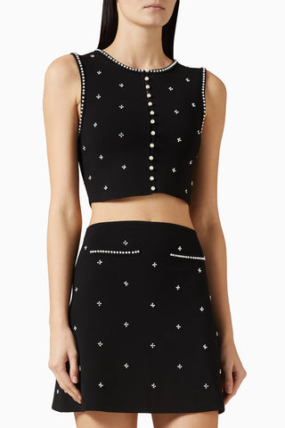 Pearl Accent Knit Two-Piece Set – Sleeveless Crop Top & Mini Skirt