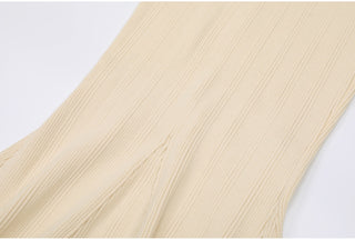 Ribbed Knit Long Dress with Pearl Trim Details & Long Sleeves