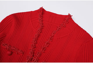 Ribbed Knit Long Dress with Pearl Trim Details & Long Sleeves