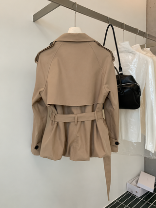 Double-Breasted Belted Short Trench Jacket with Balloon Hem