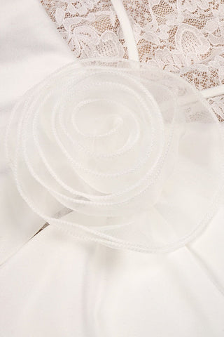 Sleeveless High Neck Lace & Draped Satin Rosette Long Dress