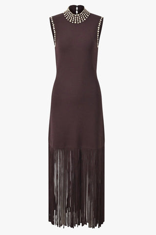 Fringe Knit Midi Dress with Embellished High Neck Detail