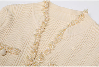 Ribbed Knit Long Dress with Pearl Trim Details & Long Sleeves