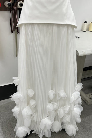 Strapless Lace-Up Corset Long Dress with Pleated Skirt and 3D Floral Trim
