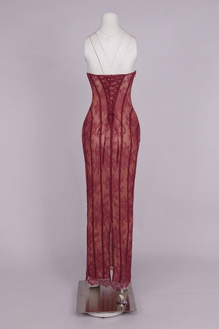 Sheer Lace Corset Strapless Long Dress with Lace-Up Back